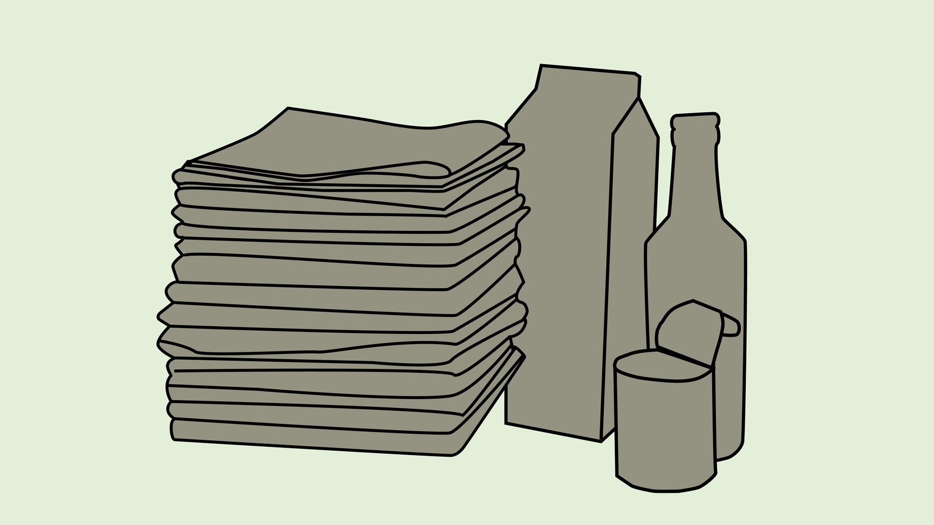 Illustration av tidningar, karton och metall som kan lämnas till återvinningen.