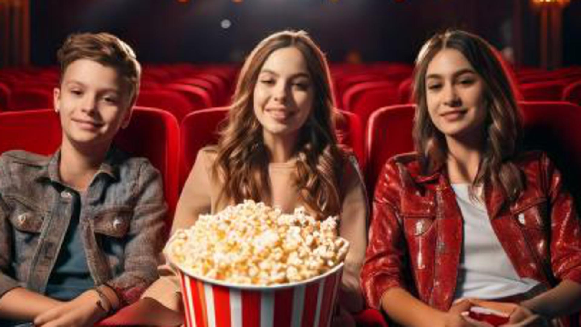 ungdomar i biosalong äter popcorn