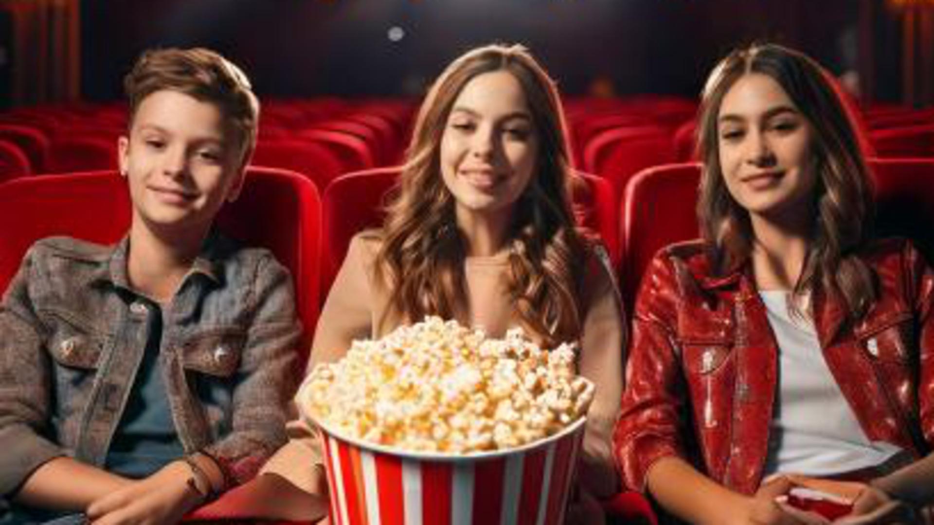 ungdomar i biosalong äter popcorn