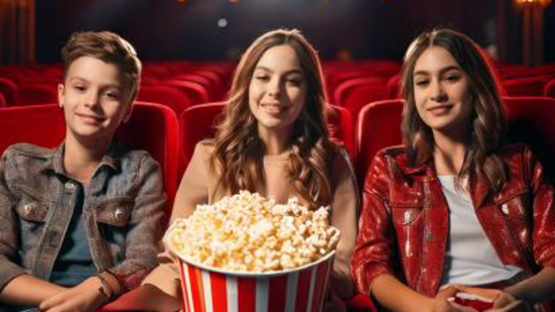ungdomar i biosalong äter popcorn