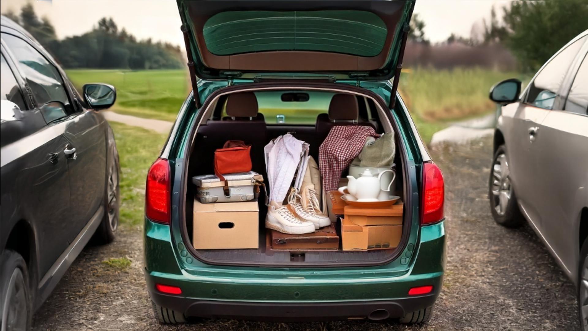 En bil med bagaget öppet och fullt av saker.