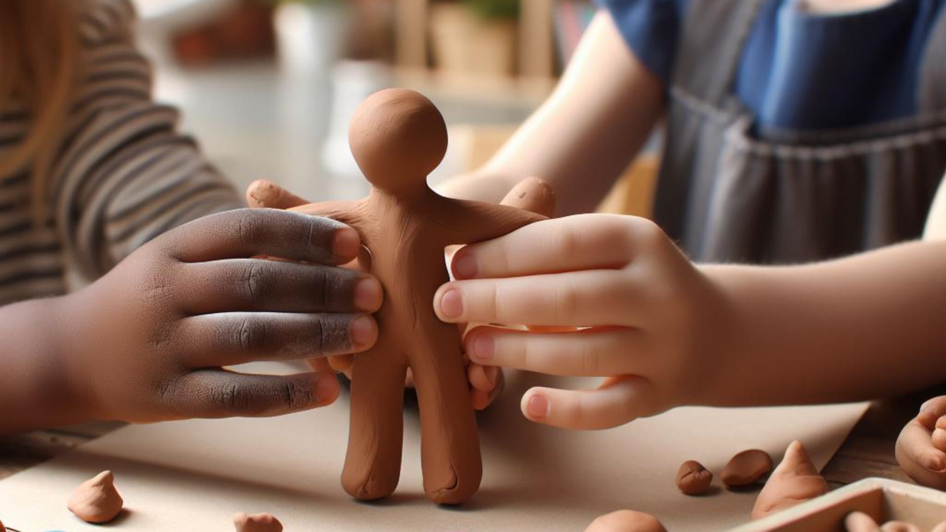 Barnhänder håller i gubbe av lera.
