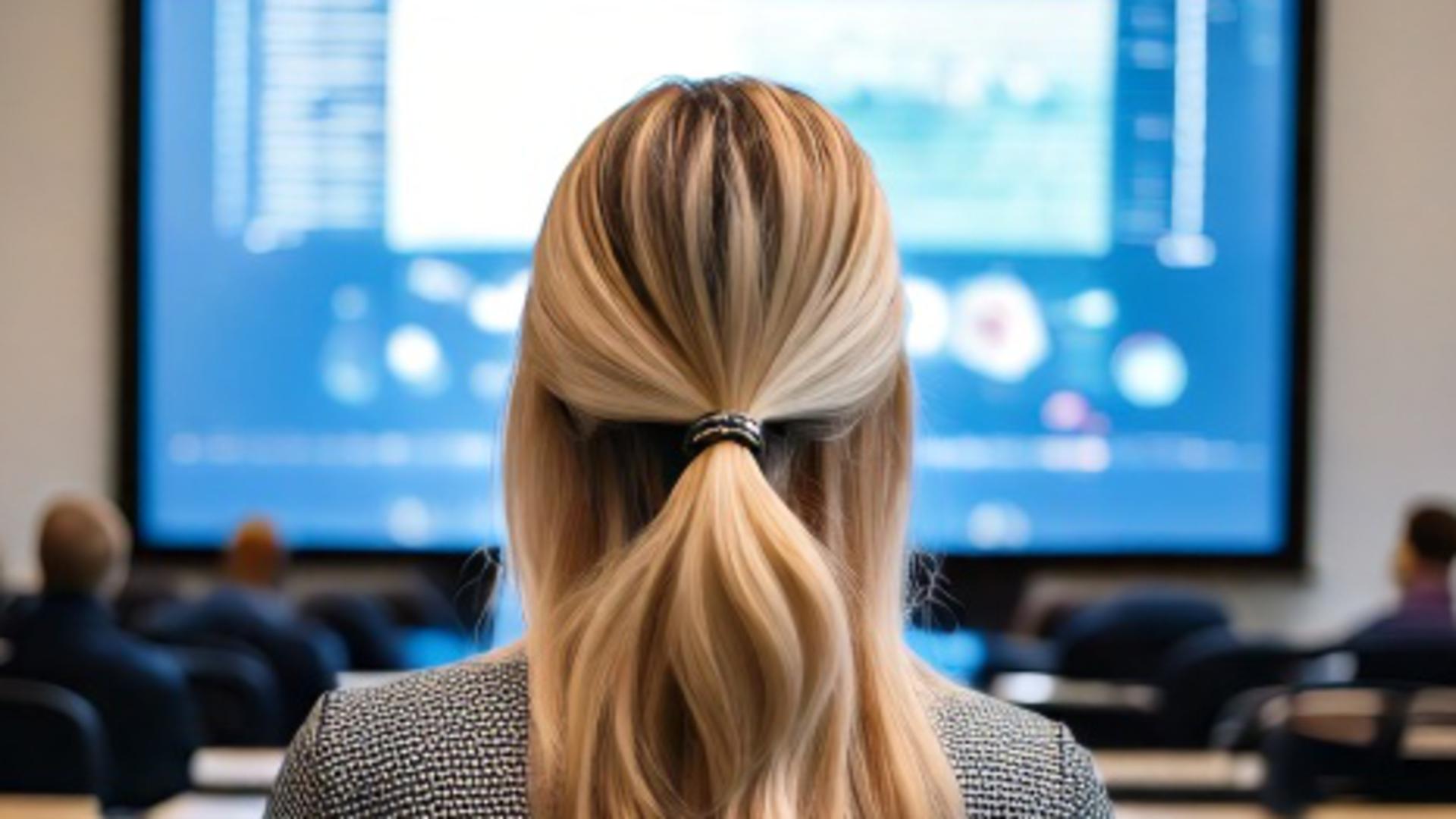 kvinna som sitter i en utbildningssal vid en datorskärm