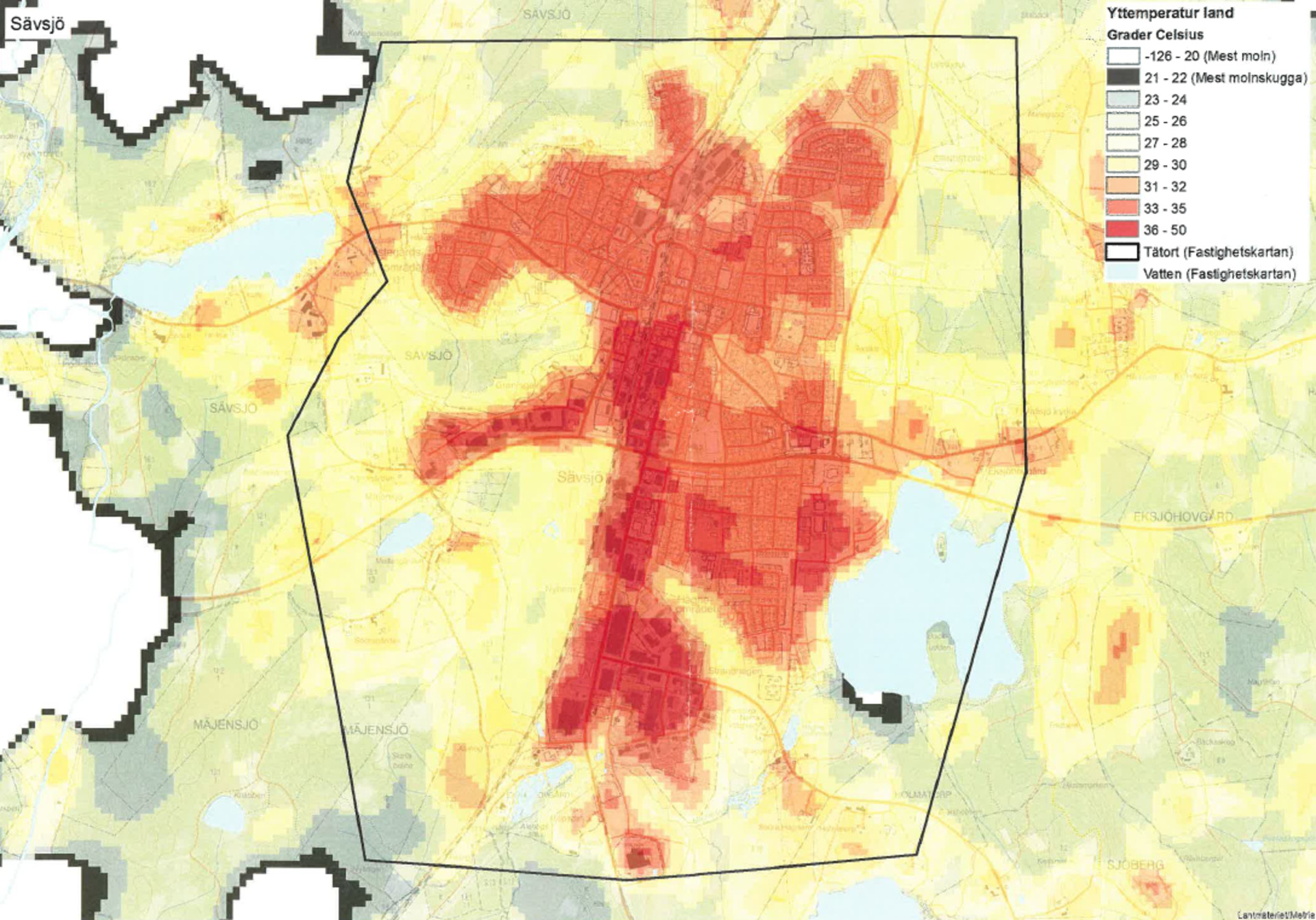 Temperaturkarta för Sävsjö tätort framtagen av Länsstyrelsen i Jönköpings län.