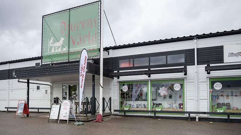 Bild på affären djurens värld, skyltfönster