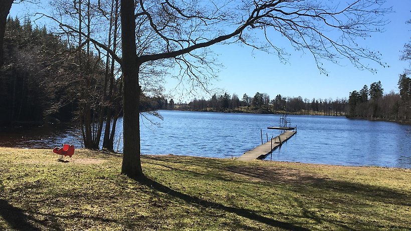 En sjö med en brygga och en gunga