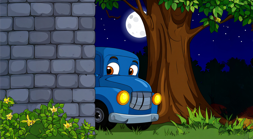 tecknad bil gömmer sig bakom hus