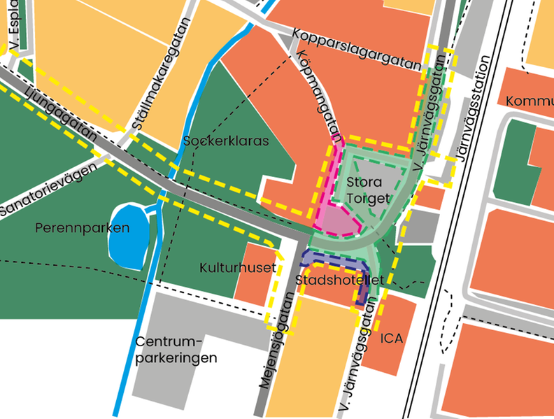 Bilden visar etappindelningen för stensättning i projektet Sävsjö centrum västra.