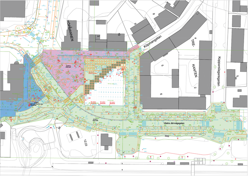 Bilden visar en ritning med etappindelning för stensättning i projektet Sävsjö centrum västra