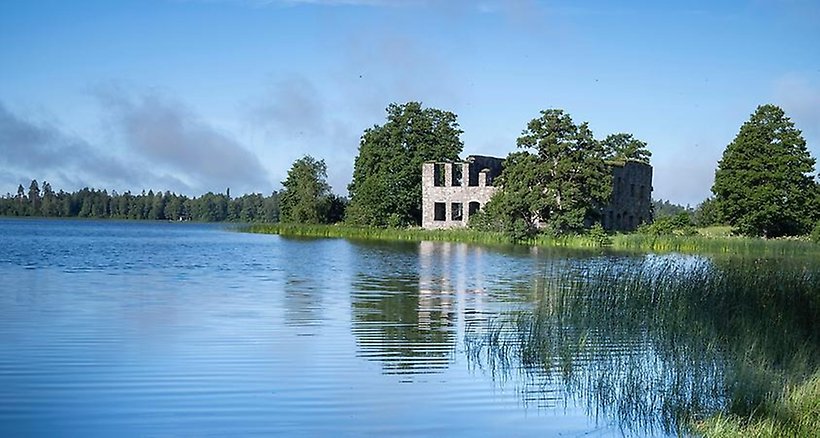 Vatten och blå himmel, slottsruin ute på en ö.