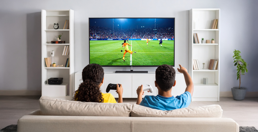 AI-genererad bild av två ungdomar som spelar tv-spel