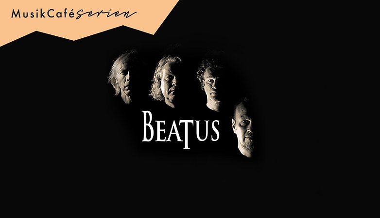 Stilistisk bild av tre män i svartvitt, namnet Beatus i vit text.