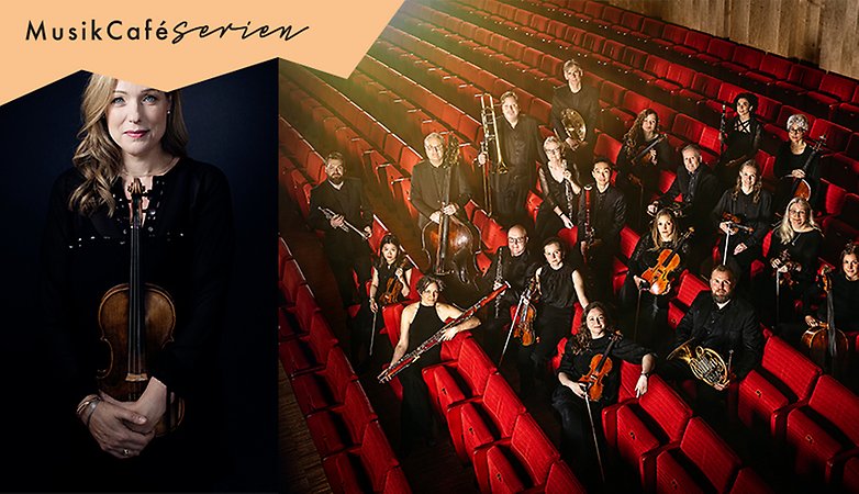 Bildmontage, kvinna med fiol och flera människor hållande instrument i en biosalong.