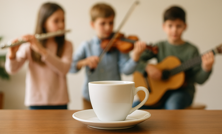 kaffekopp, i bakgrunden barn som spelar instrument